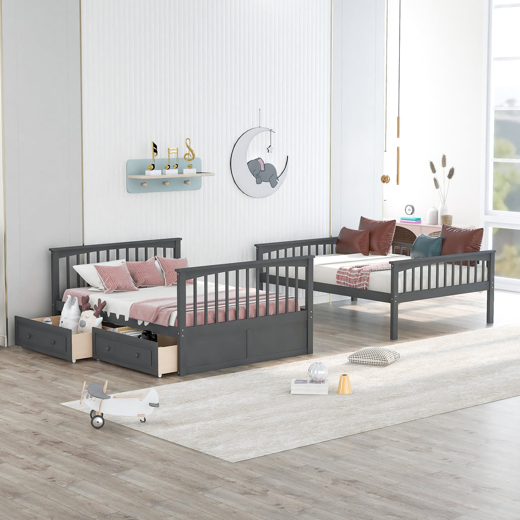 Full Over Full Bunk Bed with Drawers, Convertible Beds, Gray