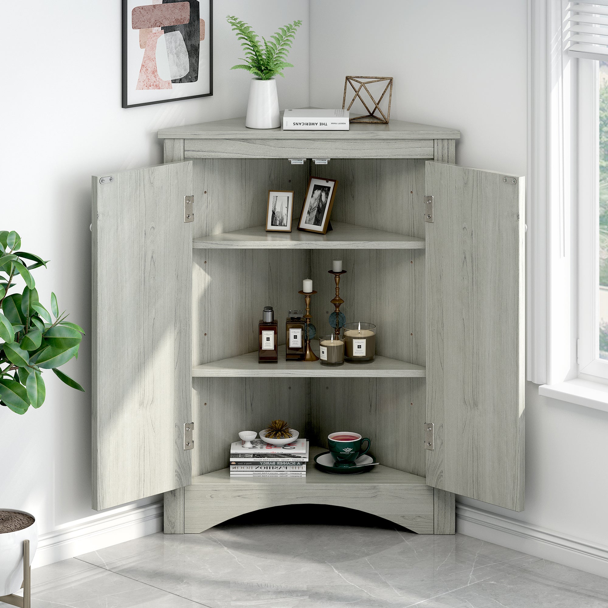 Oak Triangle Bathroom Storage Cabinet with Adjustable Shelves