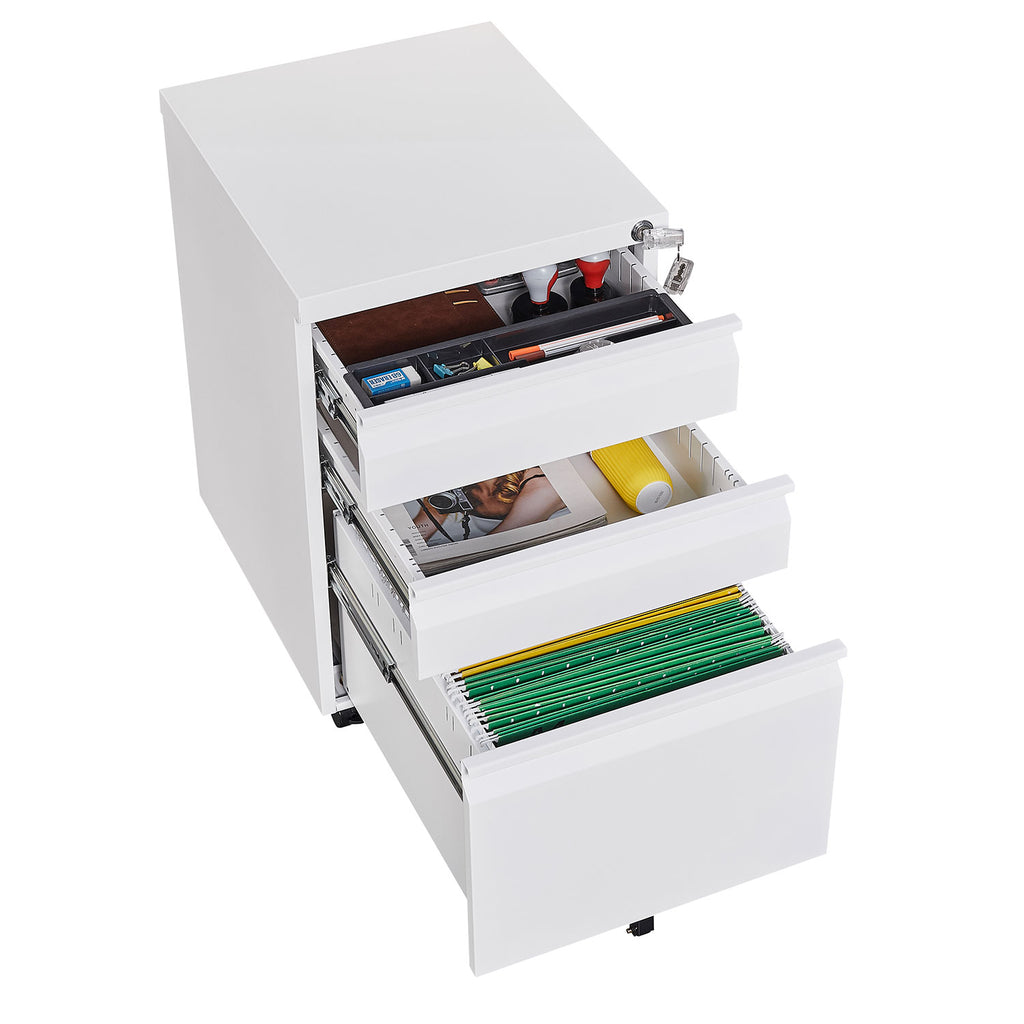 3-Drawer Mobile Filing Cabinet with Lock in White