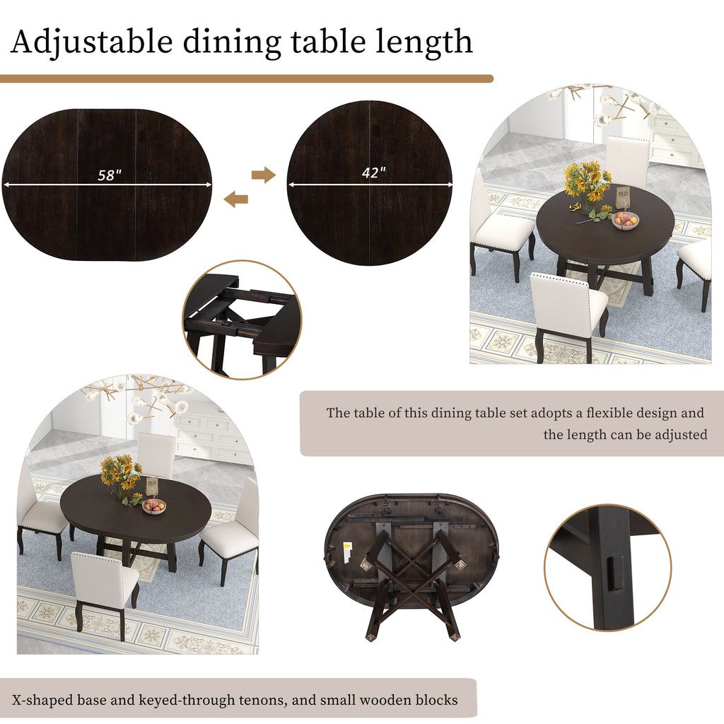 TREXM Farmhouse Round Extendable Dining Table with 16" Leaf