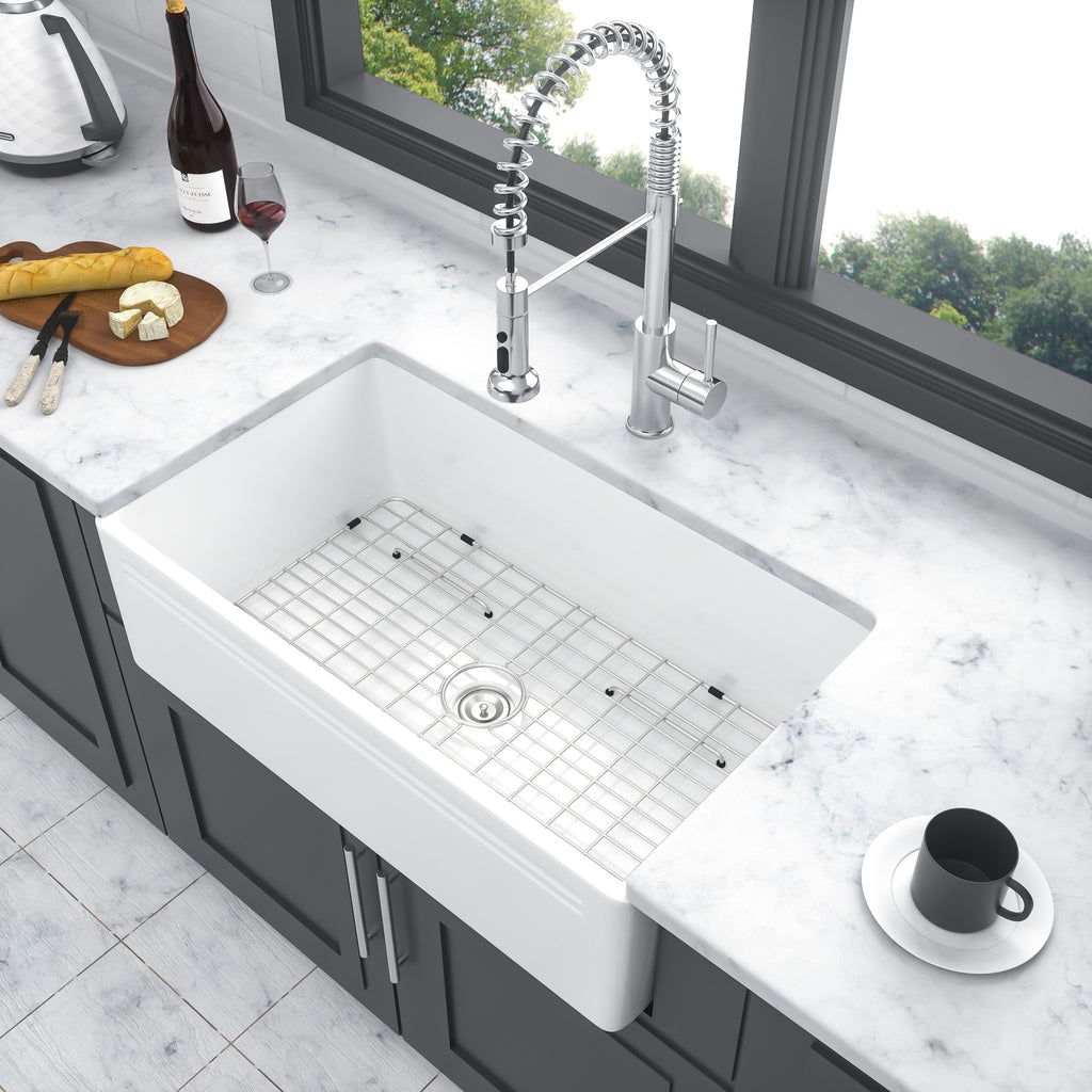 White Farmhouse Sink - 30 x 18 x 10 Inch Kitchen Sink Apron-Front