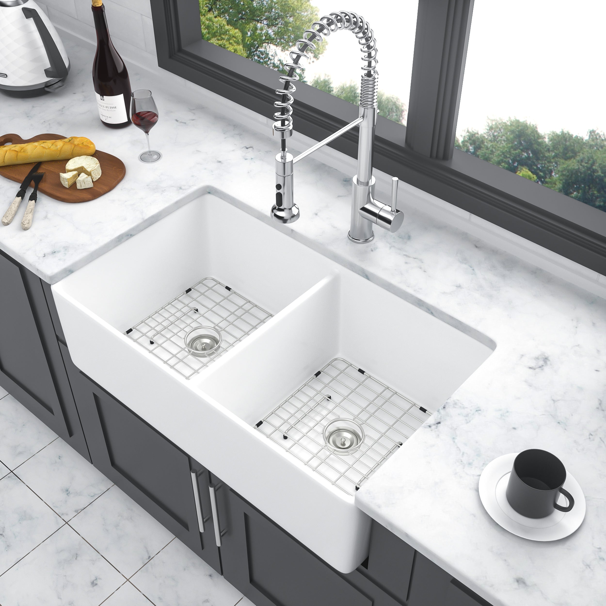 White Farmhouse Sink - Double Bowl Ceramic
