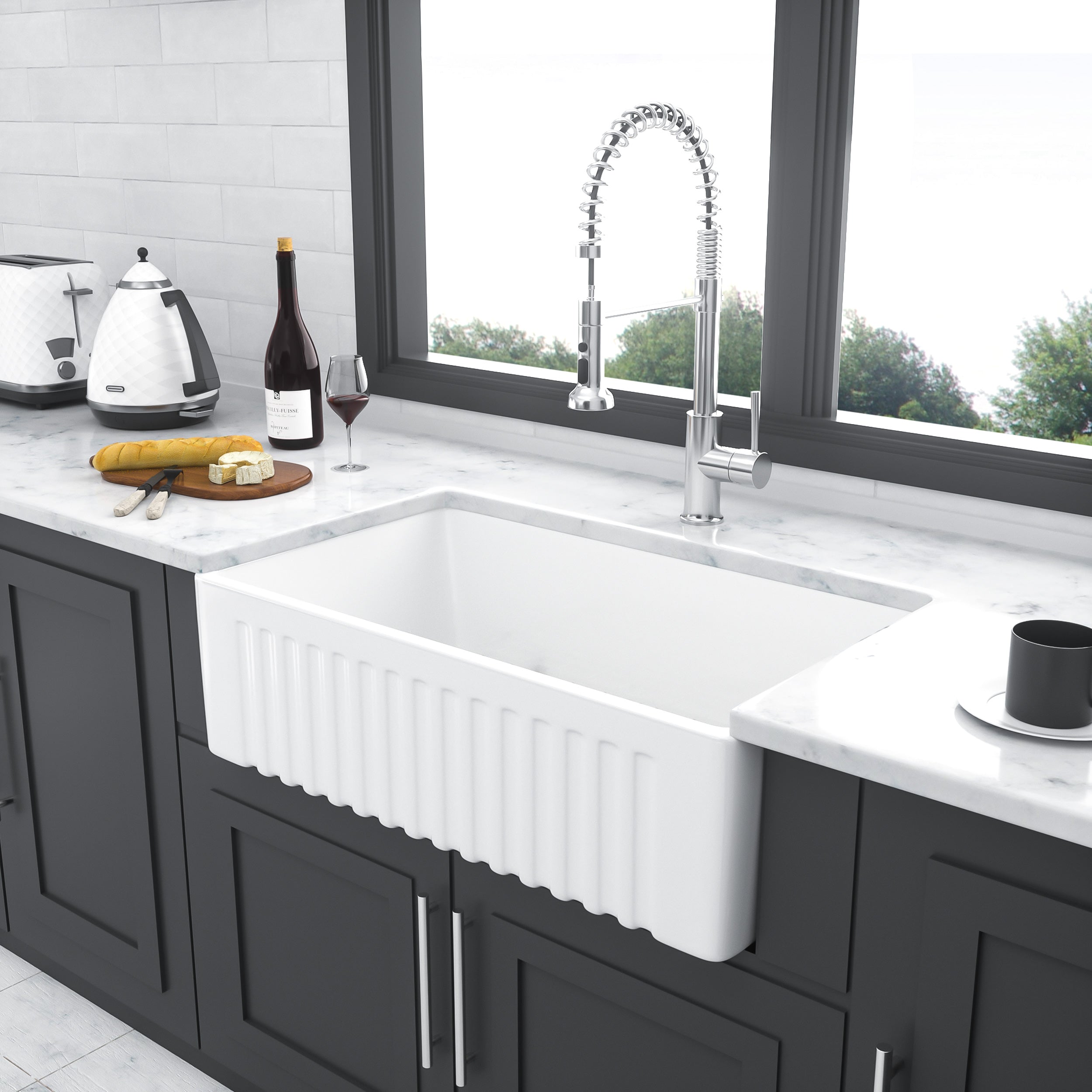 White Farmhouse Sink - 30 x 18 x 10 Inch Kitchen Sink Apron-Front