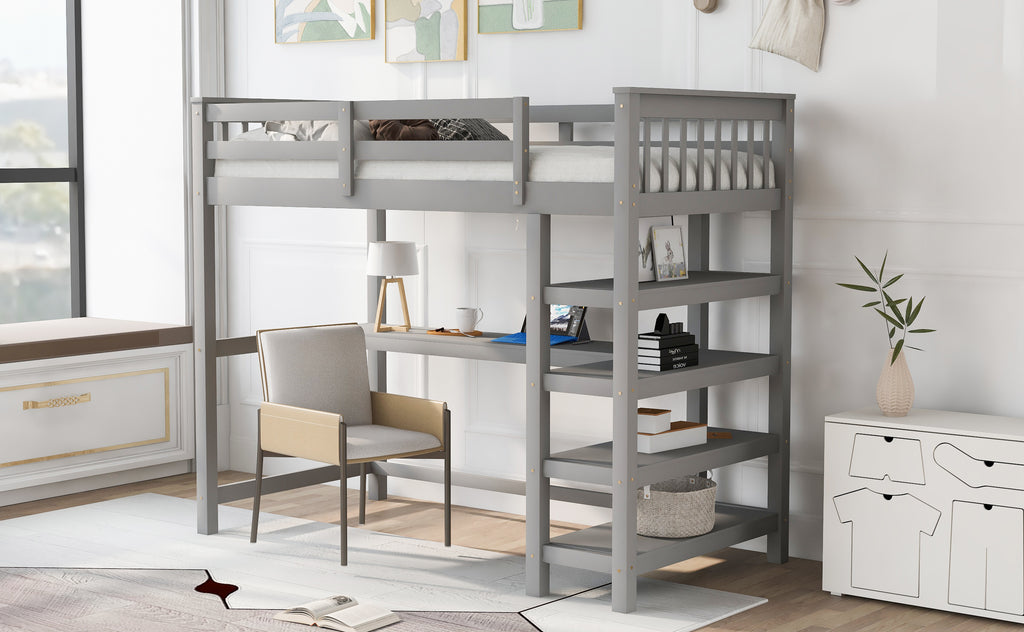 Twin Size Loft Bed with Storage Shelves