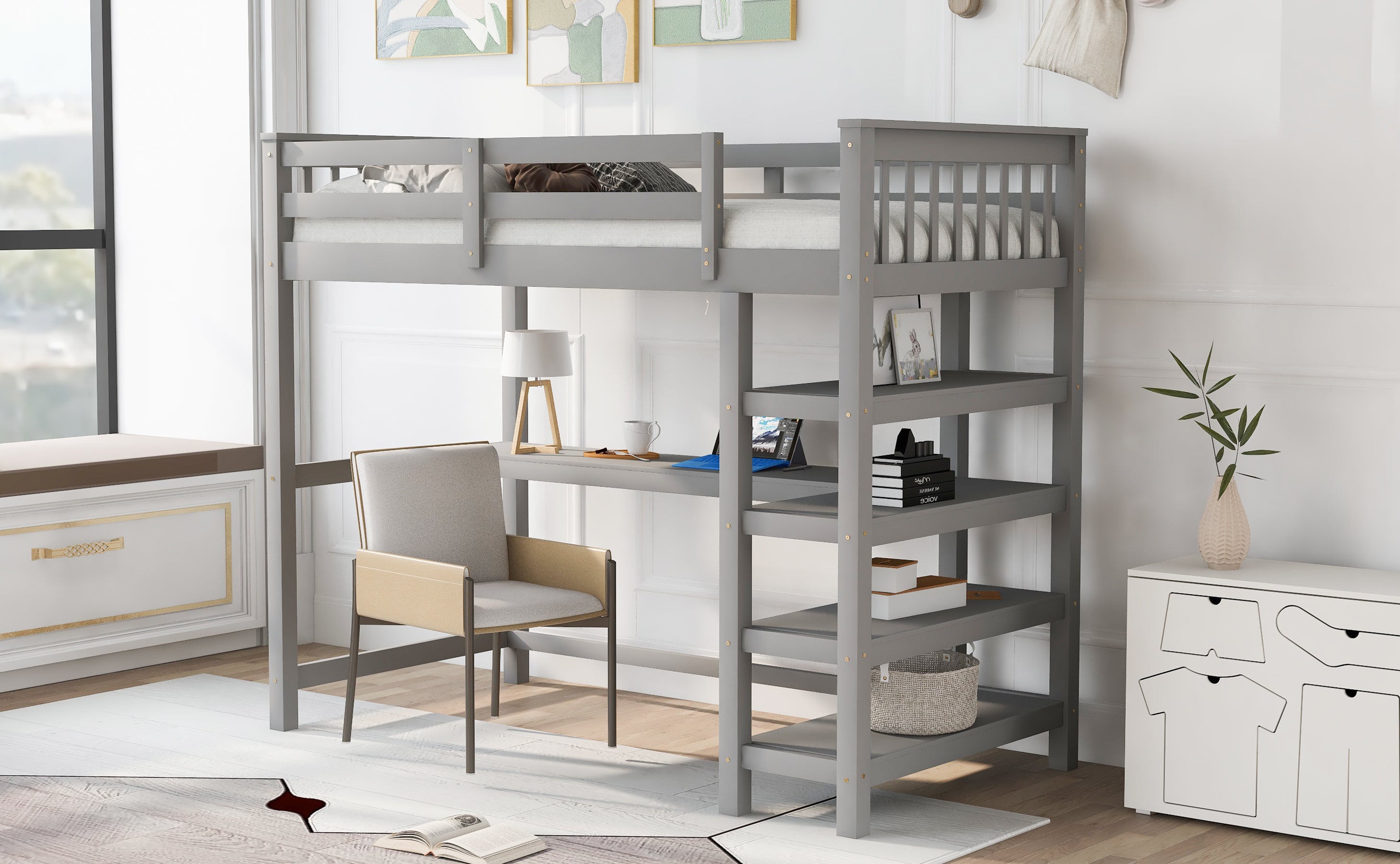 Twin Size Loft Bed with Storage Shelves