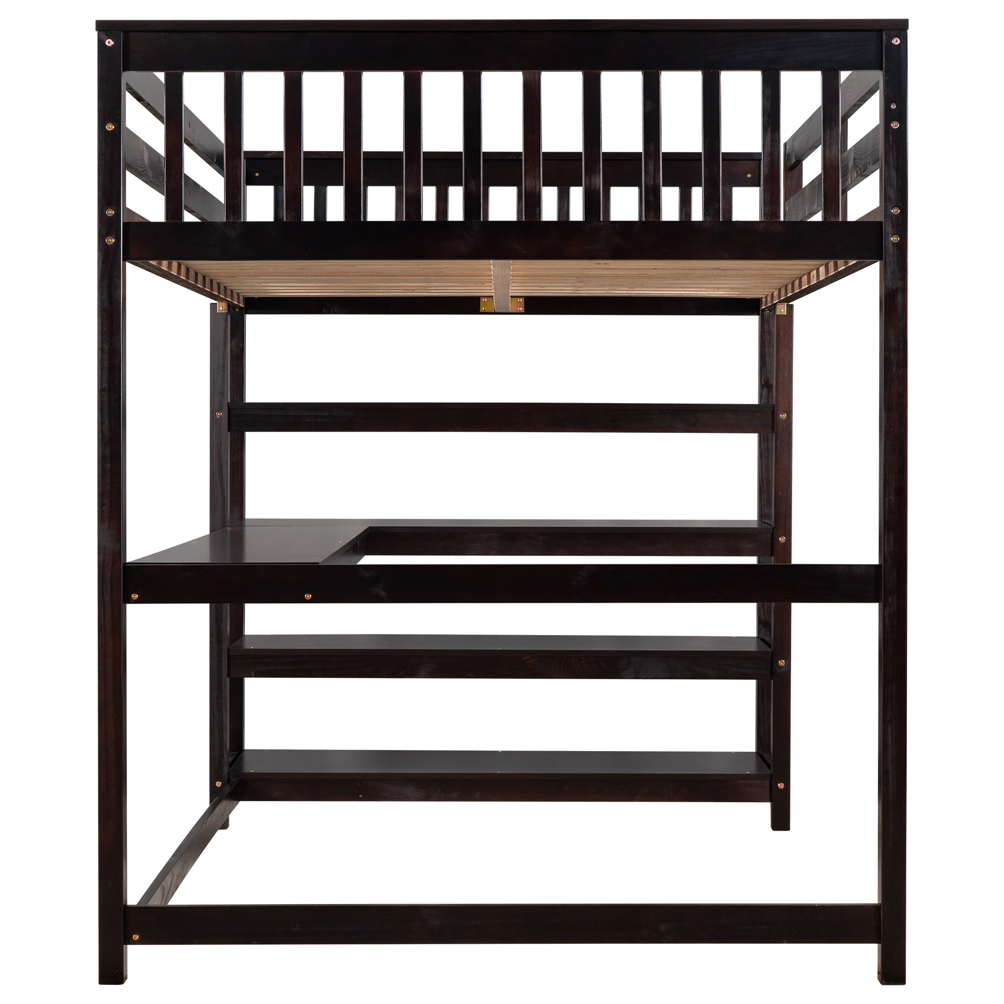 Full Size Loft Bed with Storage Shelves and Under-bed Desk