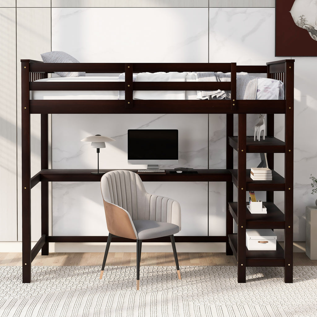 Twin Size Loft Bed with Storage Shelves and LED