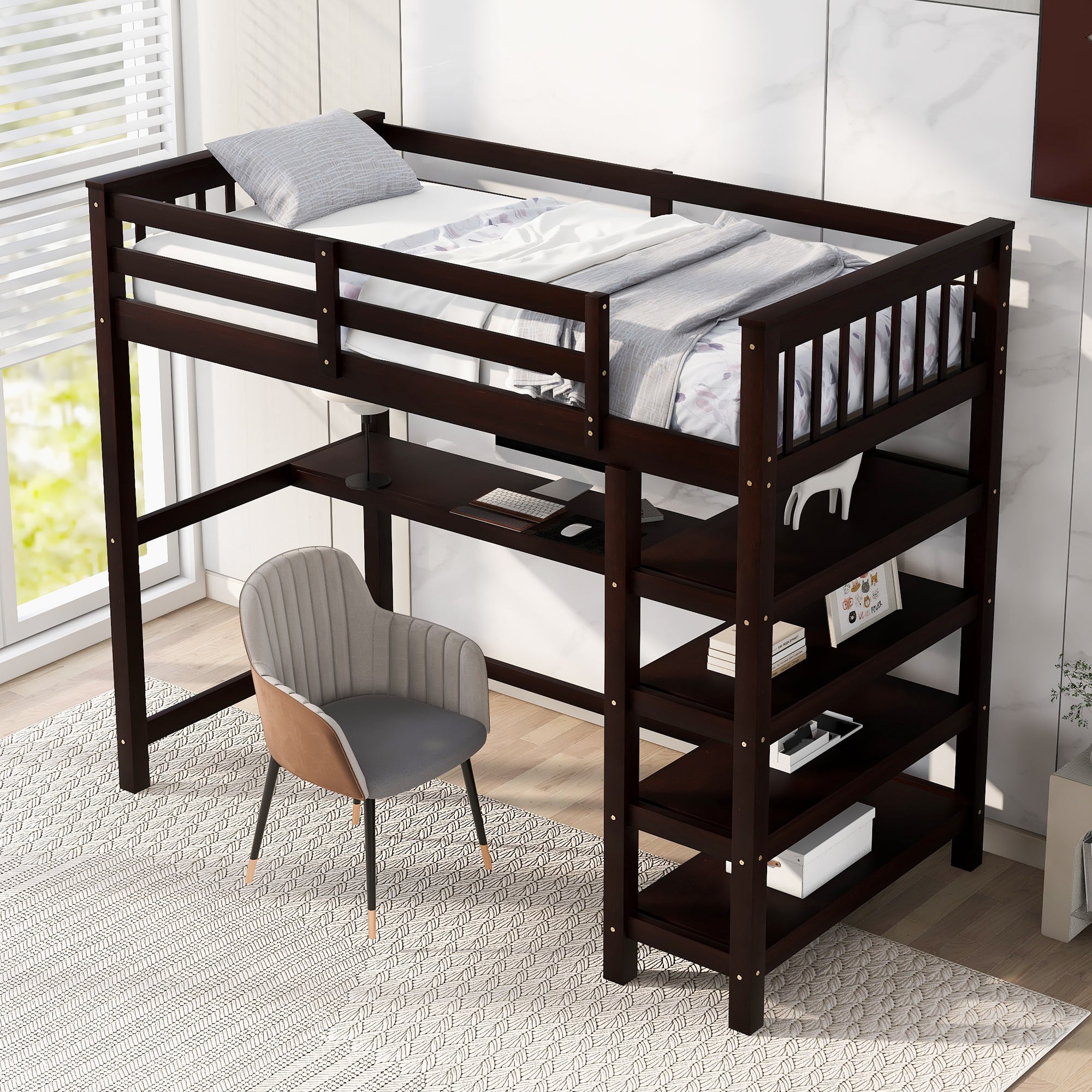 Twin Size Loft Bed with Storage Shelves and LED
