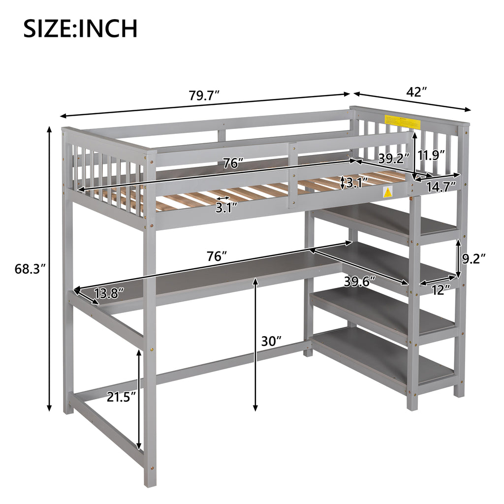 Twin Size Loft Bed with Storage Shelves