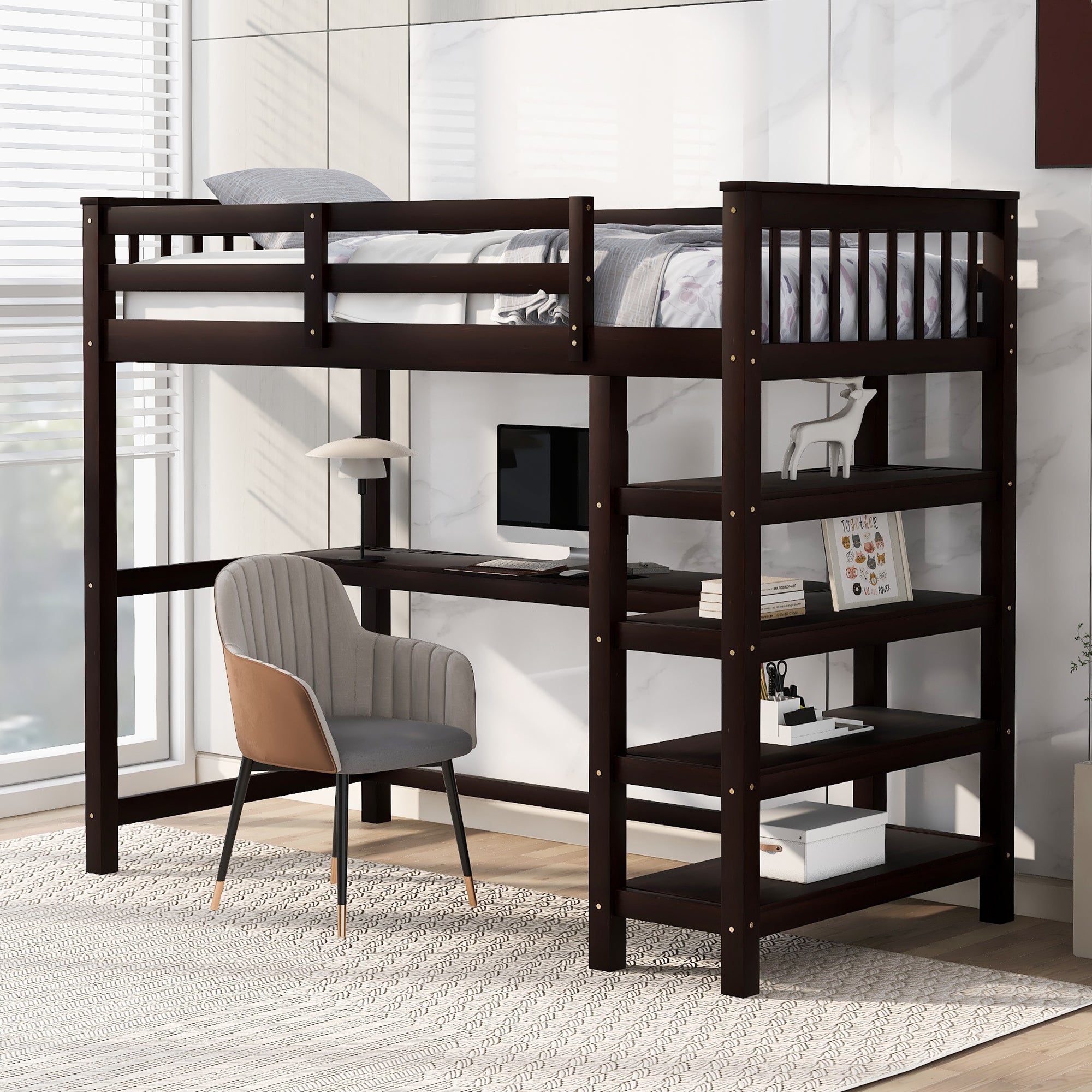 Twin Size Loft Bed with Storage Shelves and LED