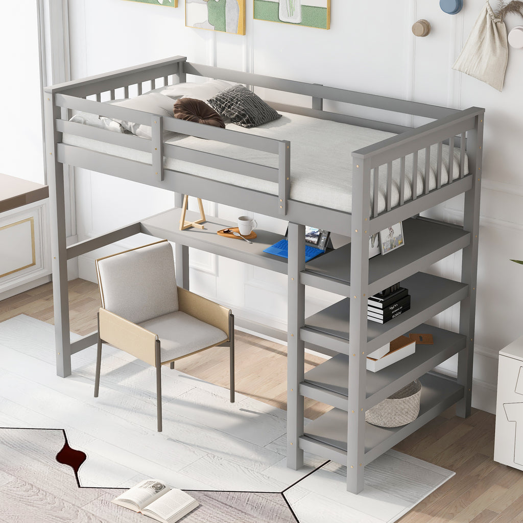 Twin Size Loft Bed with Storage Shelves