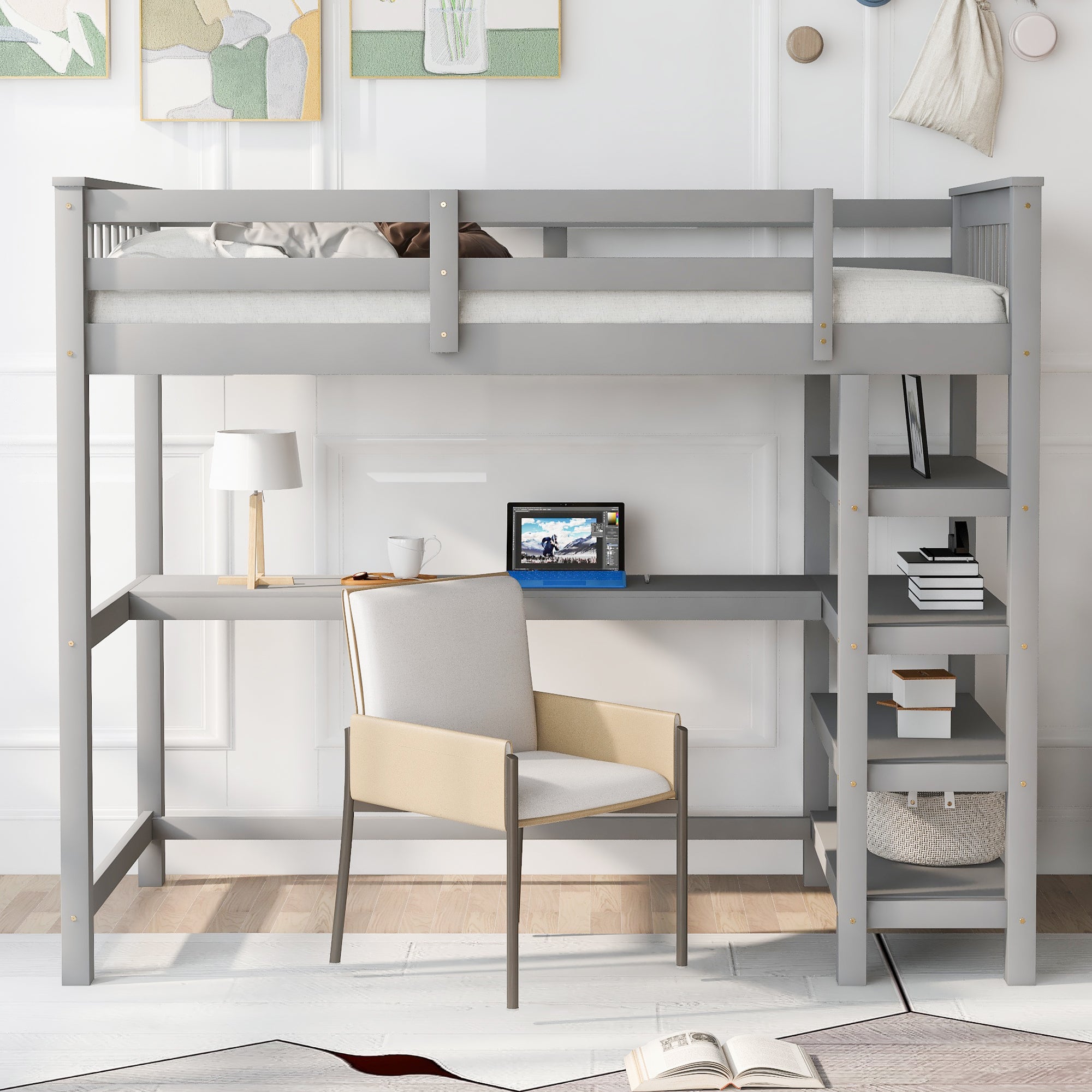 Twin Size Loft Bed with Storage Shelves