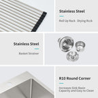 Stainless Steel Drop In Kitchen Sink - 25 x 22 x 10 Inch