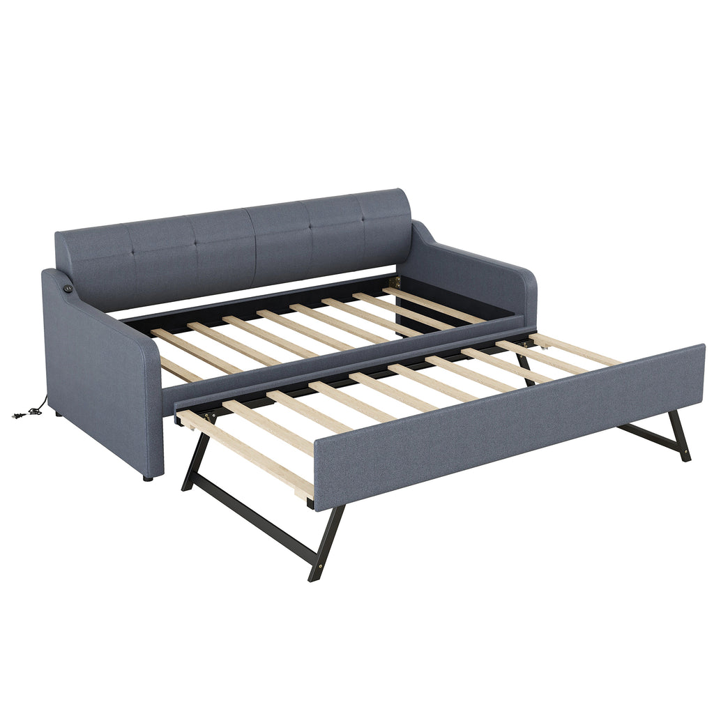 Twin Size Upholstery Daybed with Trundle and USB Charging Design