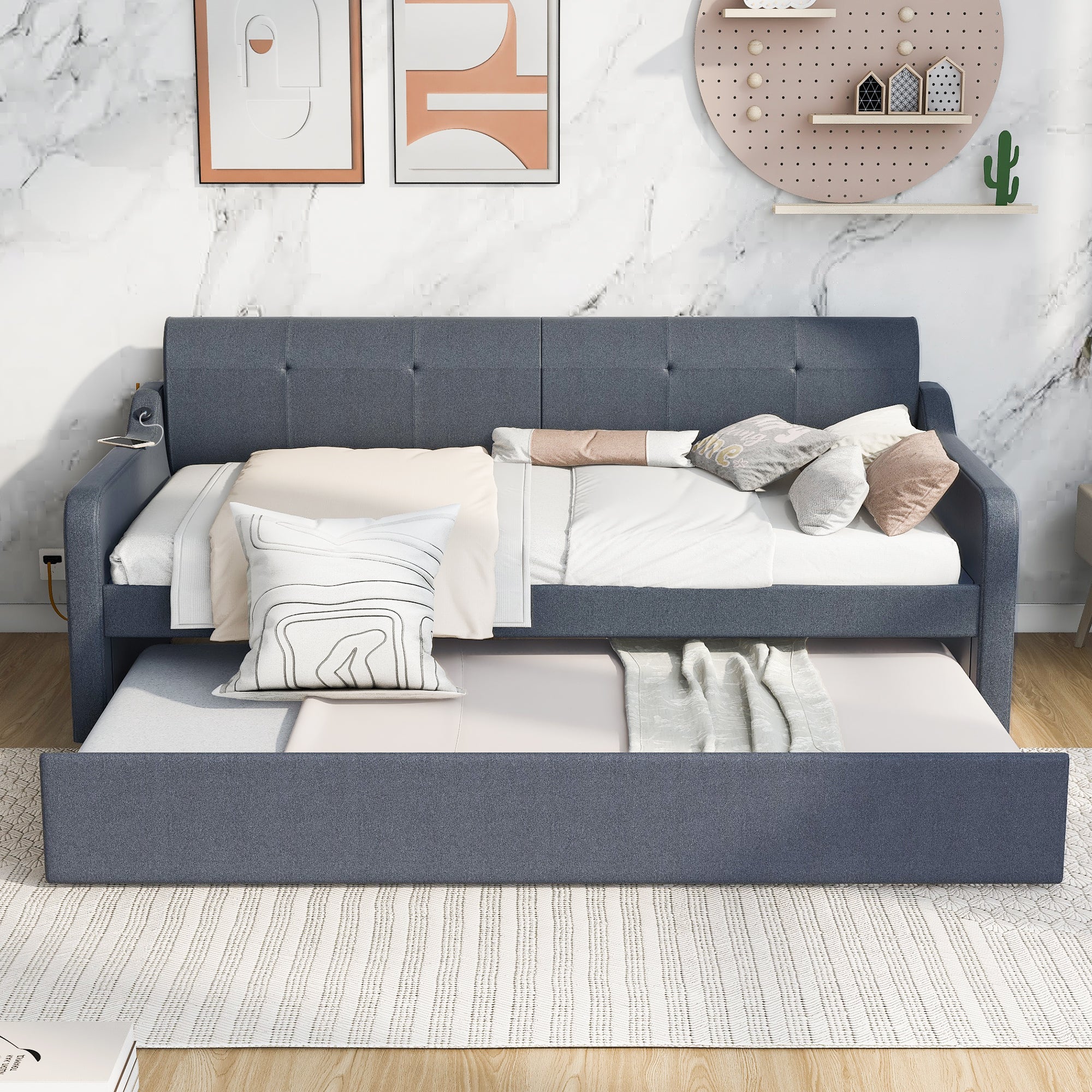 Twin Size Upholstery Daybed with Trundle and USB Charging Design