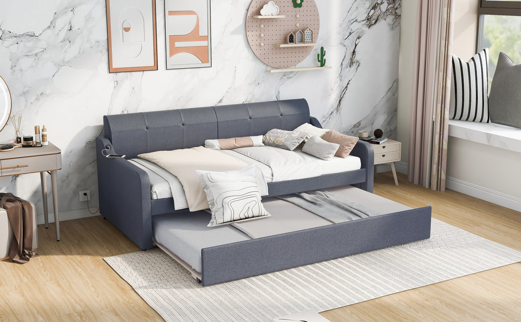 Twin Size Upholstery Daybed with Trundle and USB Charging Design