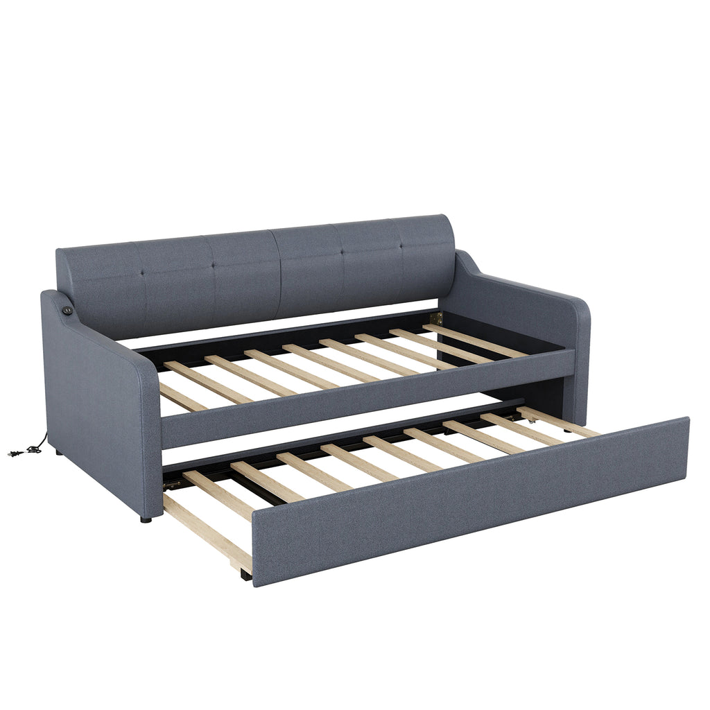 Twin Size Upholstery Daybed with Trundle and USB Charging Design