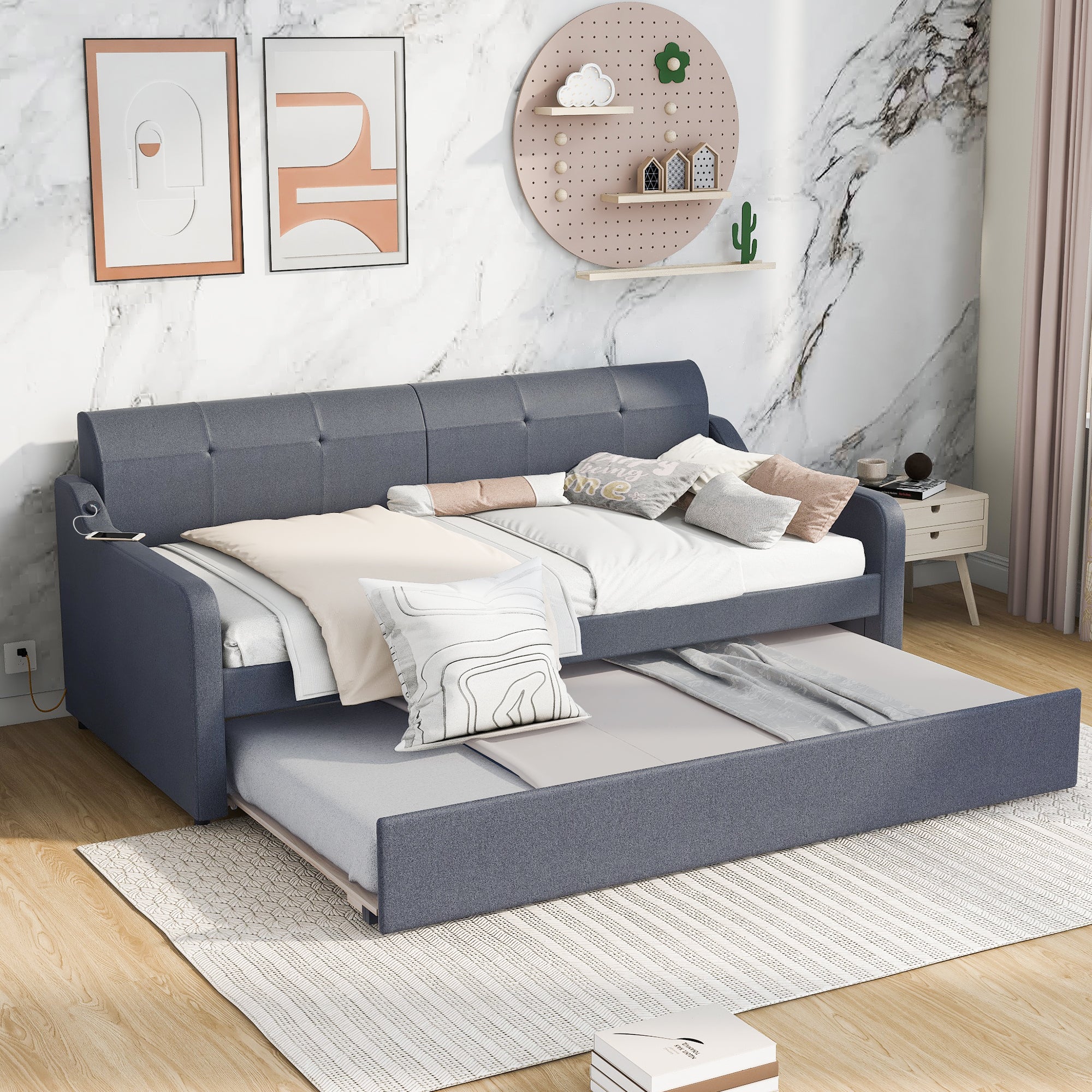 Twin Size Upholstery Daybed with Trundle and USB Charging Design