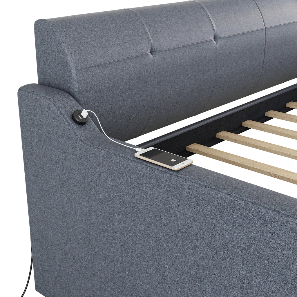 Twin Size Upholstery Daybed with Trundle and USB Charging Design
