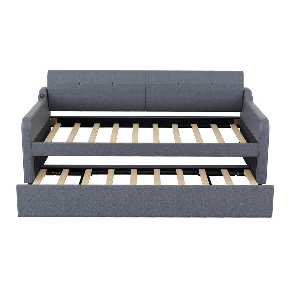 Twin Size Upholstery Daybed with Trundle and USB Charging Design