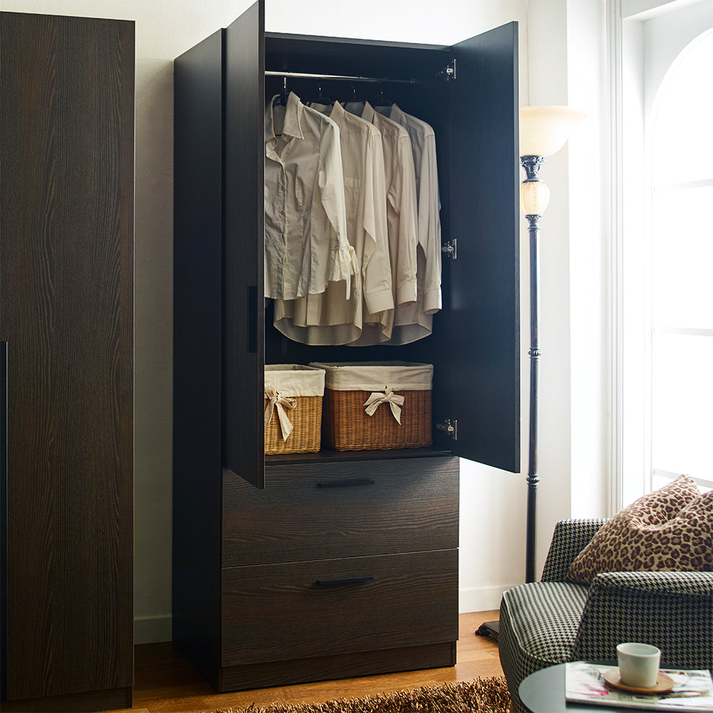 Brook Two-Door Wood Closet with Two Drawers and Hanging Bars