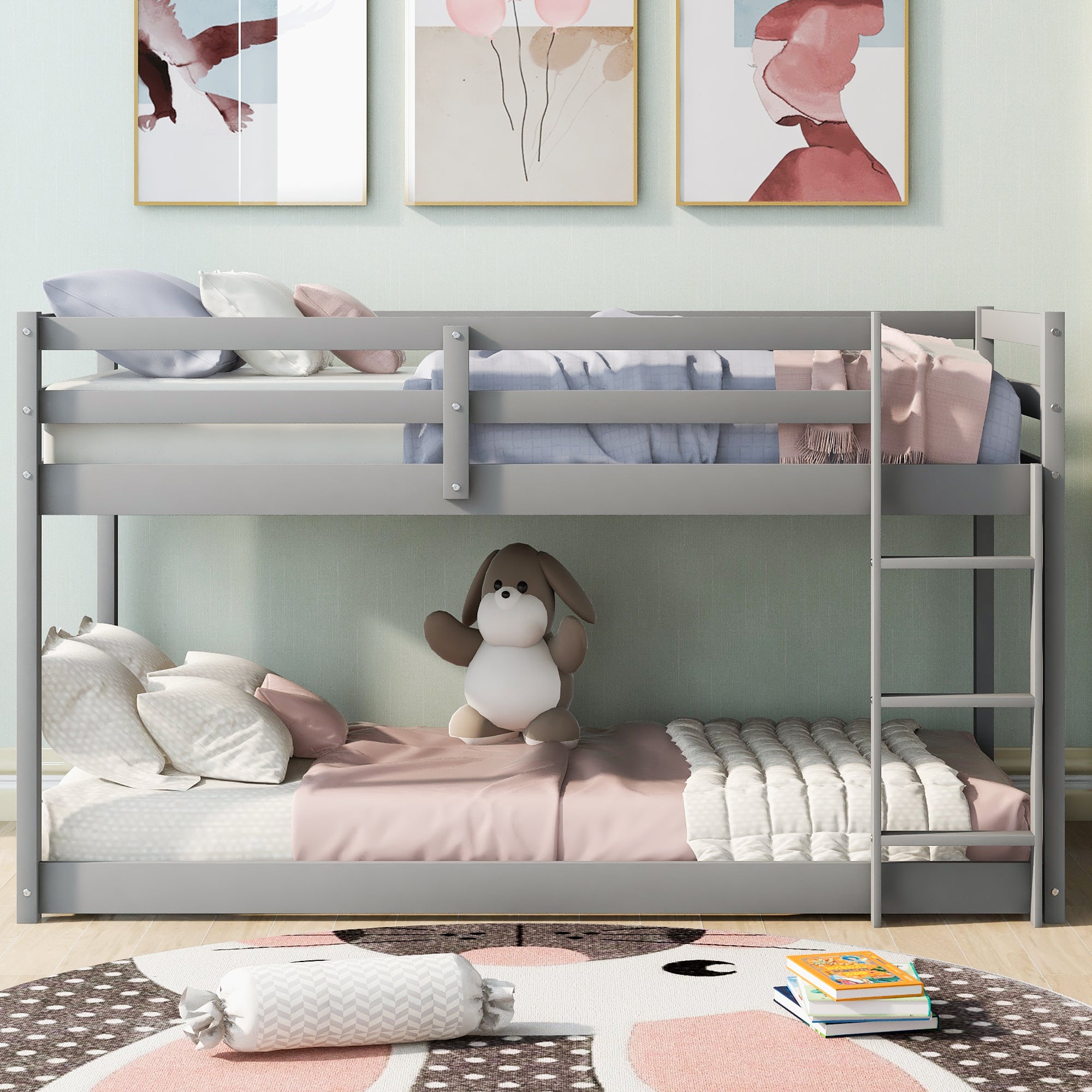 Twin Over Twin Floor Bunk Bed with Ladder