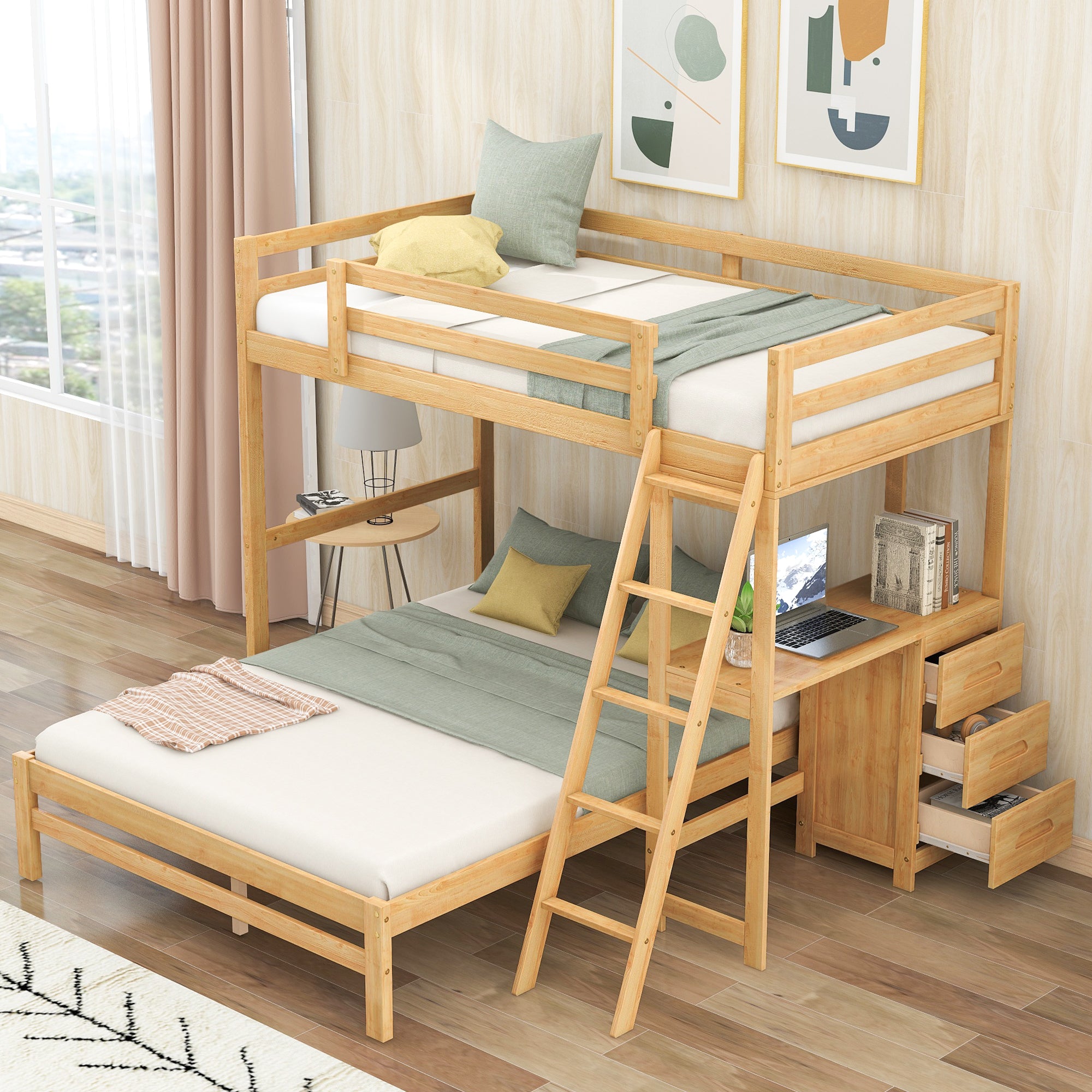 Twin Over Full Bunk Bed with Built-in Desk and Three Drawers