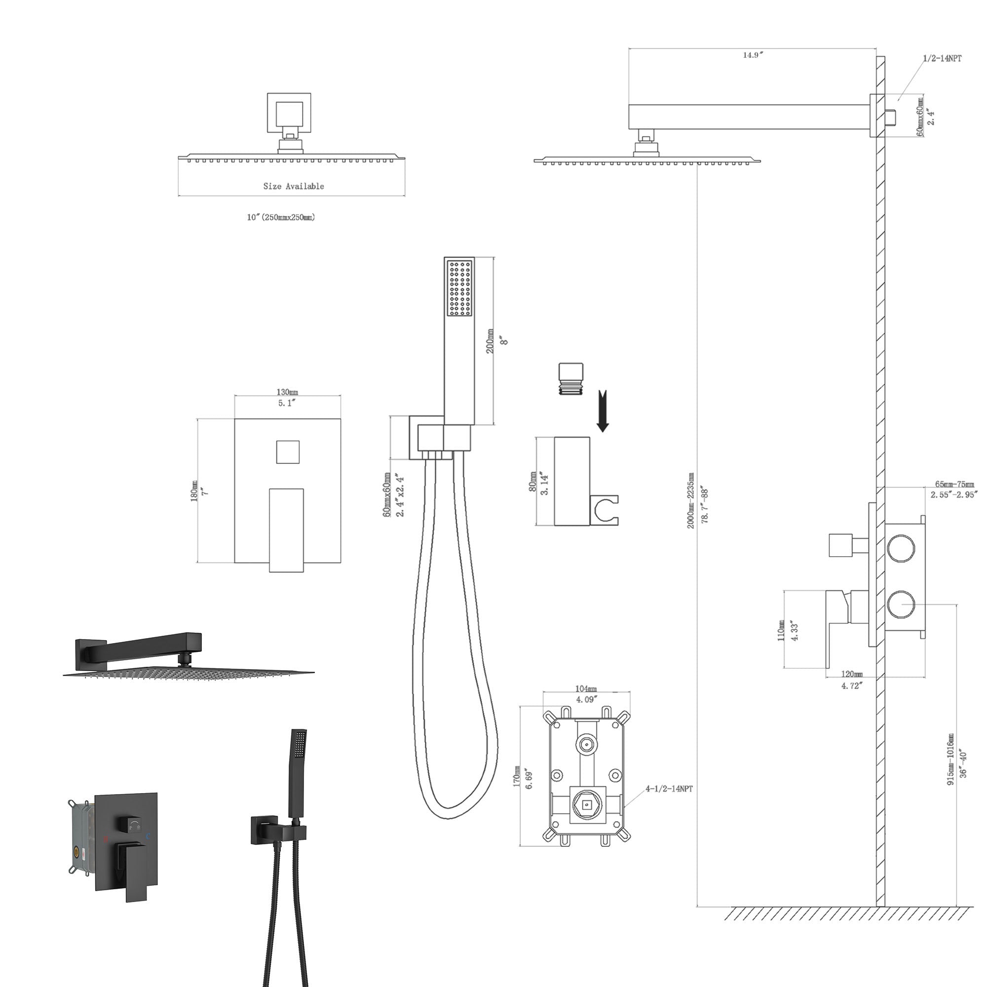 Dual Shower Head - 10 Inch Wall Mounted Square Shower System