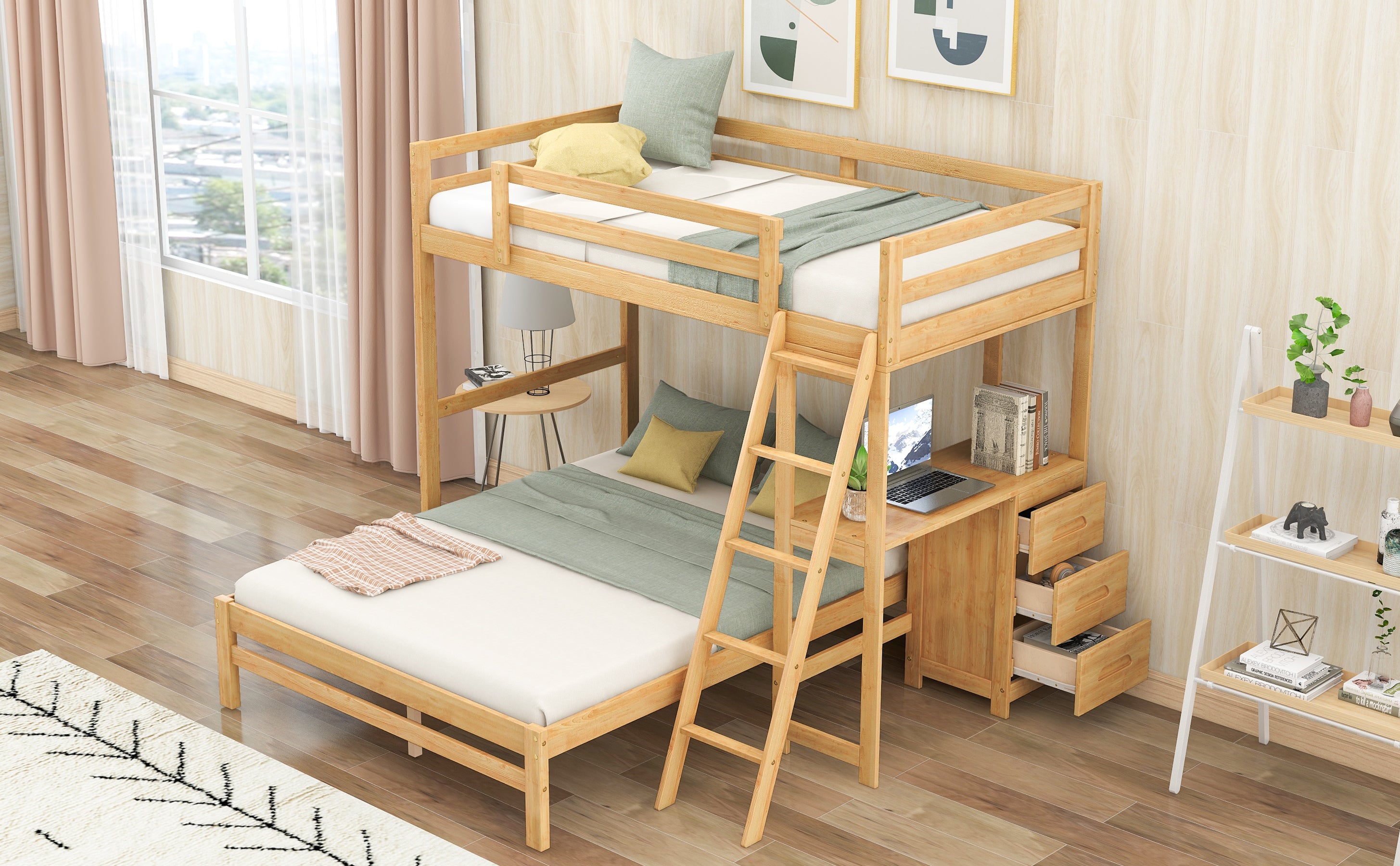 Twin Over Full Bunk Bed with Built-in Desk and Three Drawers
