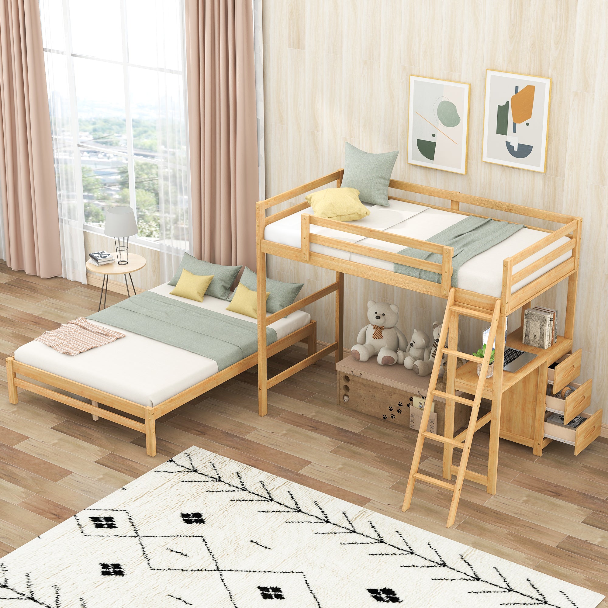 Twin Over Full Bunk Bed with Built-in Desk and Three Drawers