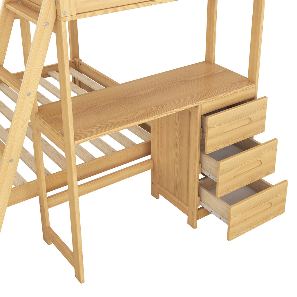 Twin Over Full Bunk Bed with Built-in Desk and Three Drawers