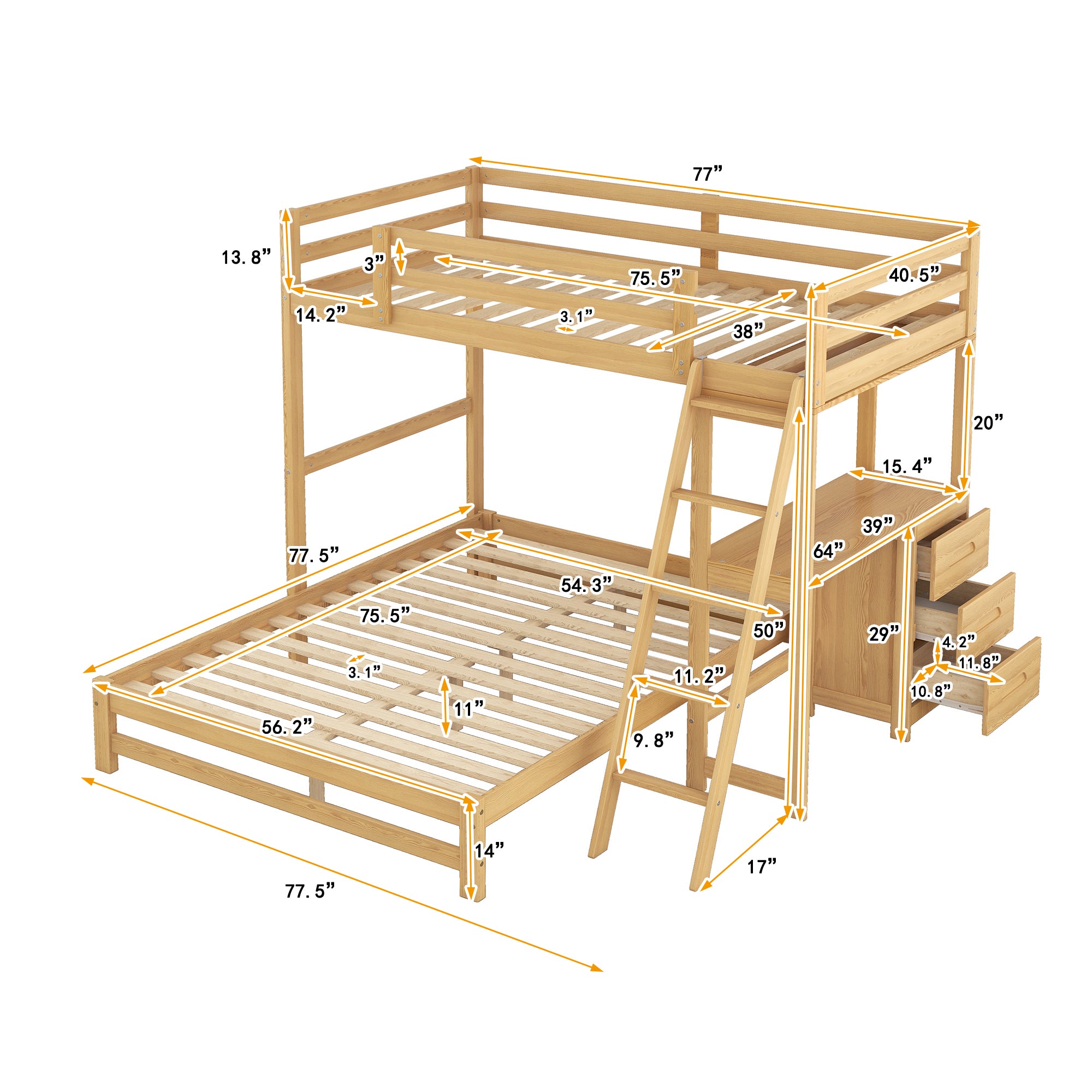 Twin Over Full Bunk Bed with Built-in Desk and Three Drawers