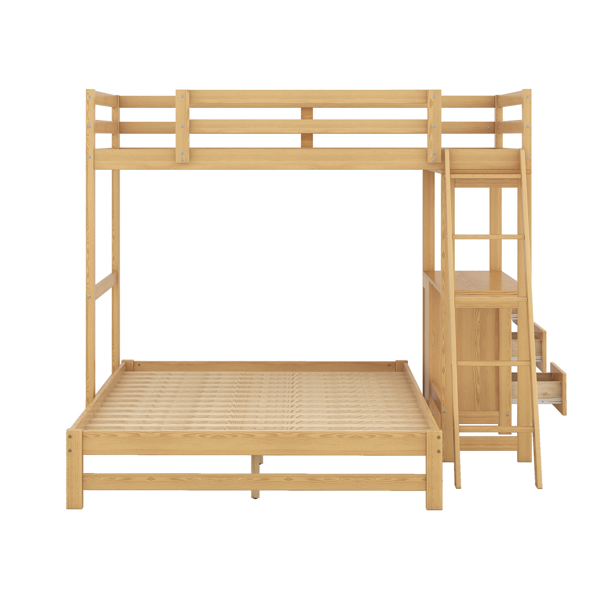 Twin Over Full Bunk Bed with Built-in Desk and Three Drawers