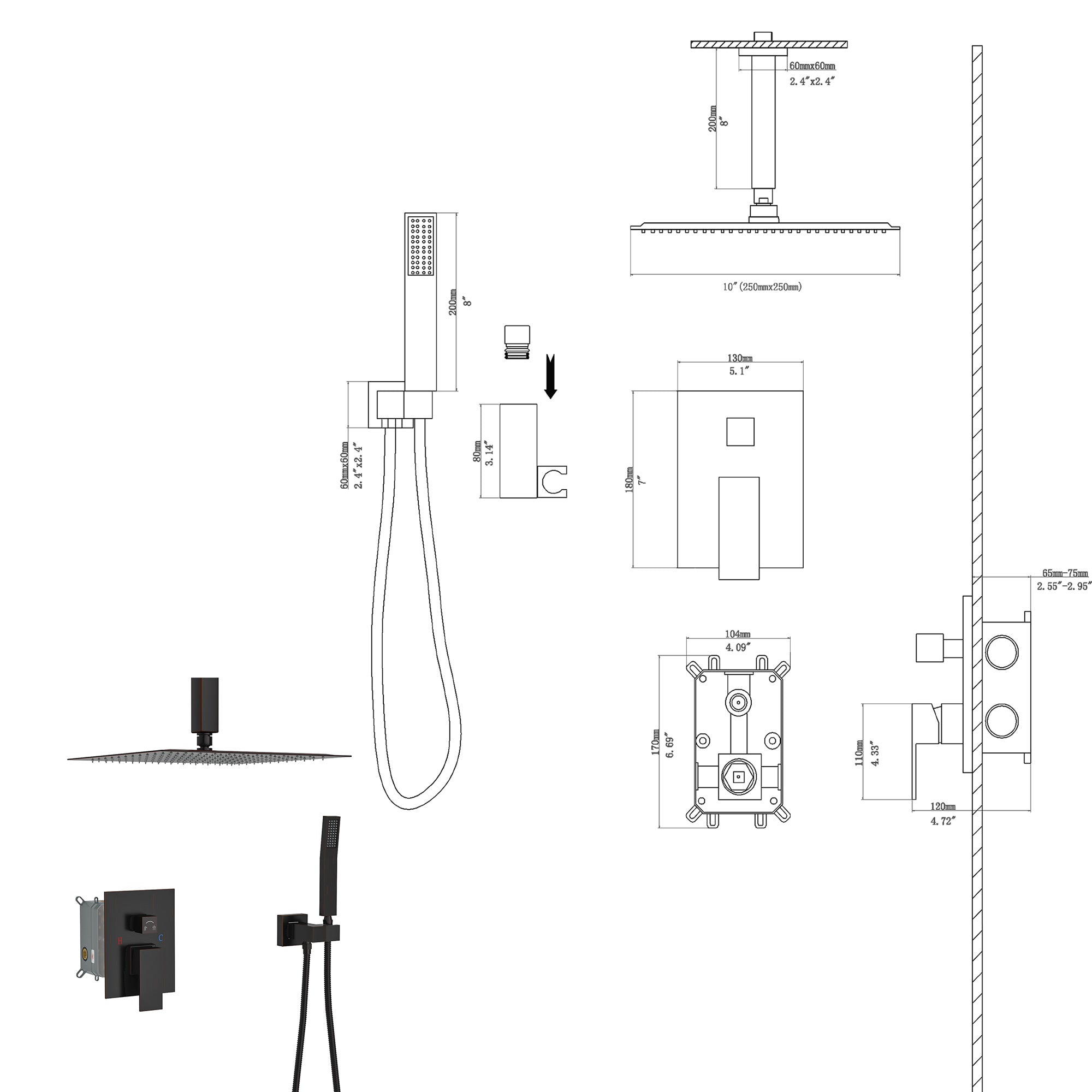 Dual Shower Head - 10 Inch Ceiling Mount Square Shower System