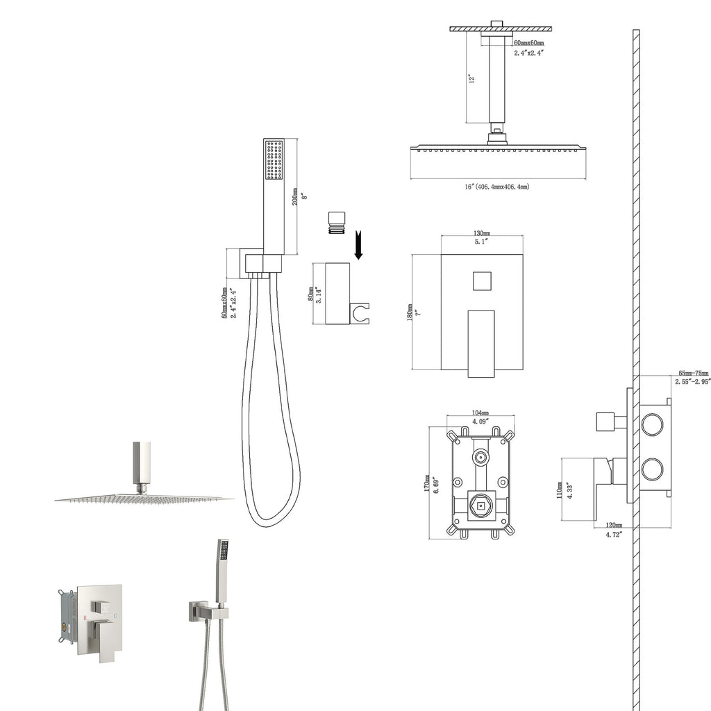 Dual Shower Head - 16 Inch Ceiling Mount Square Shower System