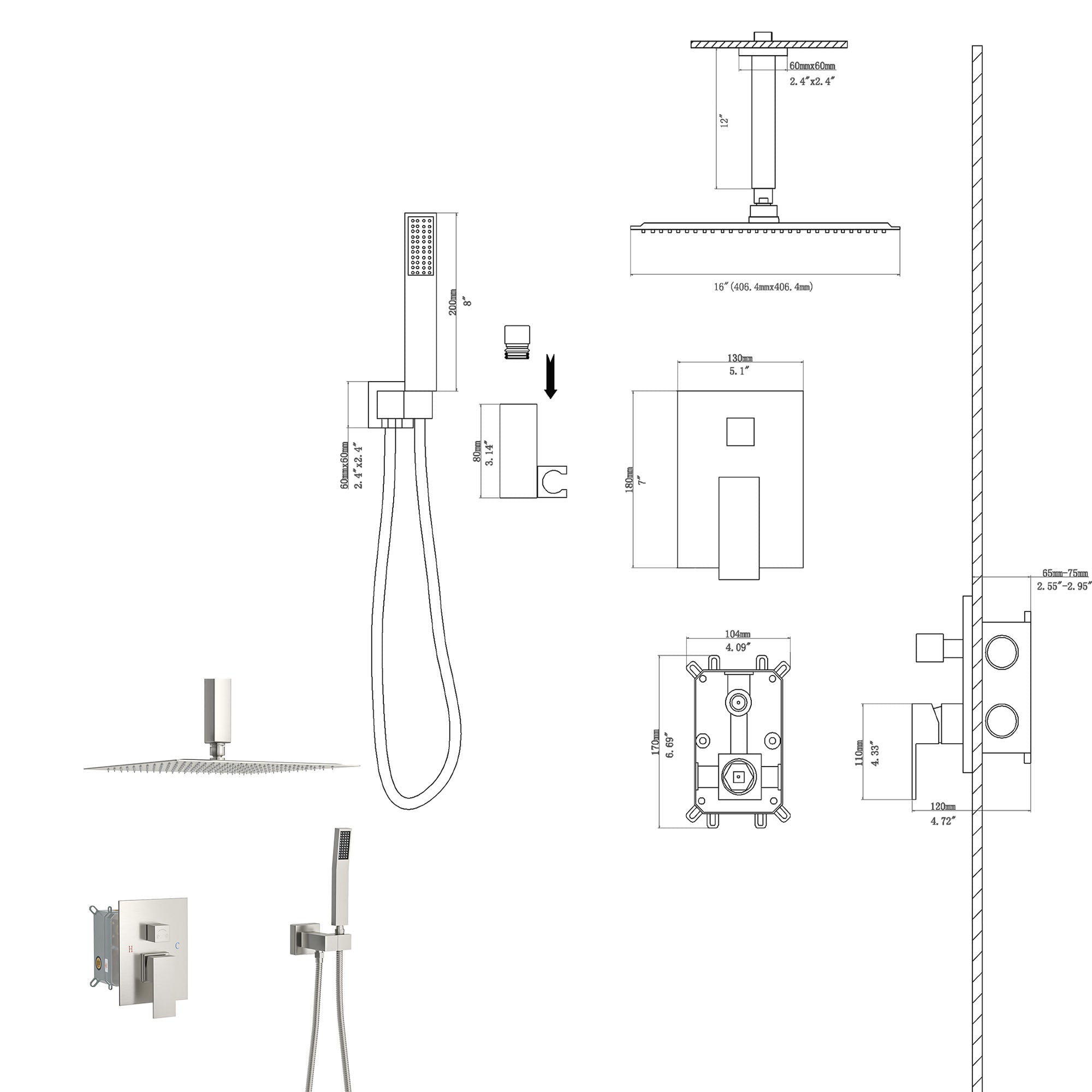 Dual Shower Head - 16 Inch Ceiling Mount Square Shower System