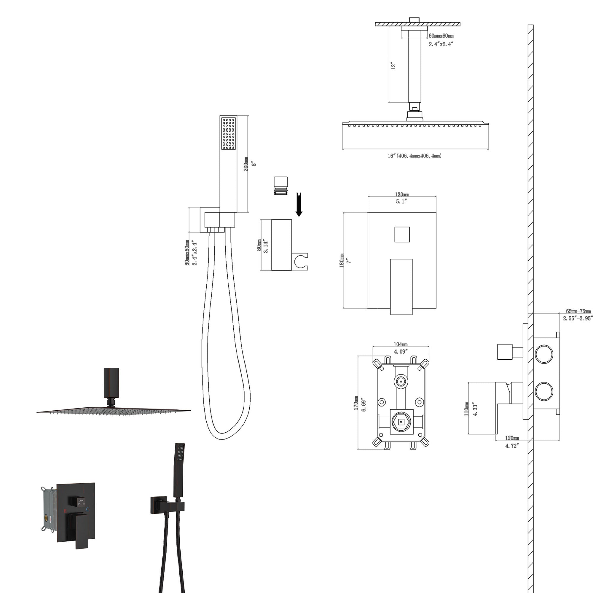 Dual Shower Head - 16 Inch Ceiling Mount Square Shower System