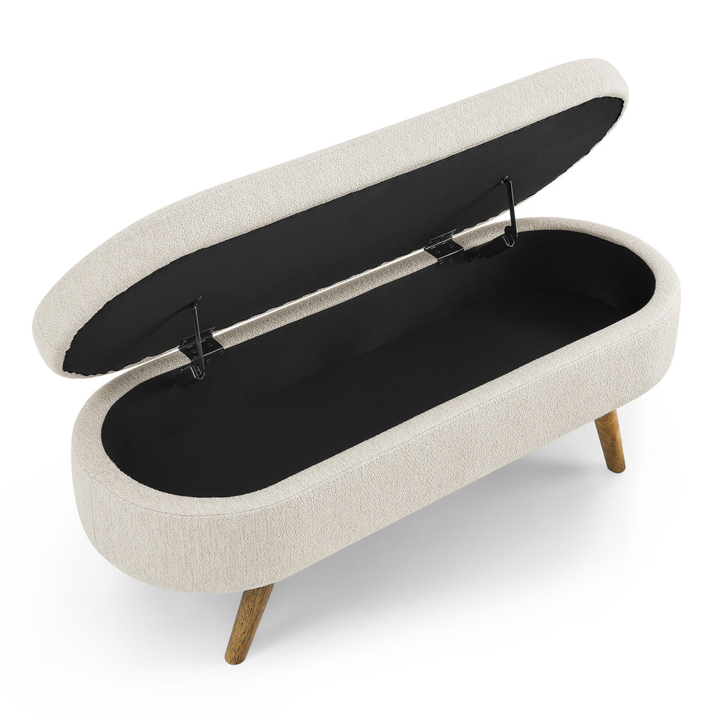 Beige Ottoman Oval Storage Bench with Rubber Wood Legs