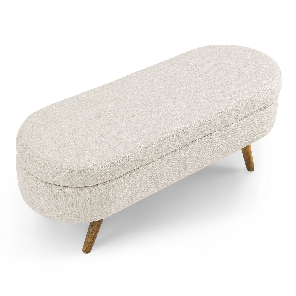 Beige Ottoman Oval Storage Bench with Rubber Wood Legs