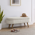 Beige Ottoman Oval Storage Bench with Rubber Wood Legs