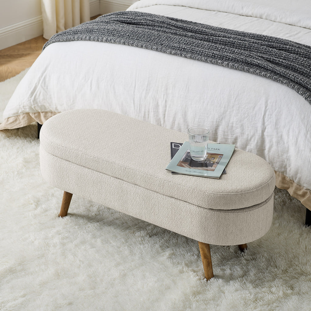 Beige Ottoman Oval Storage Bench with Rubber Wood Legs