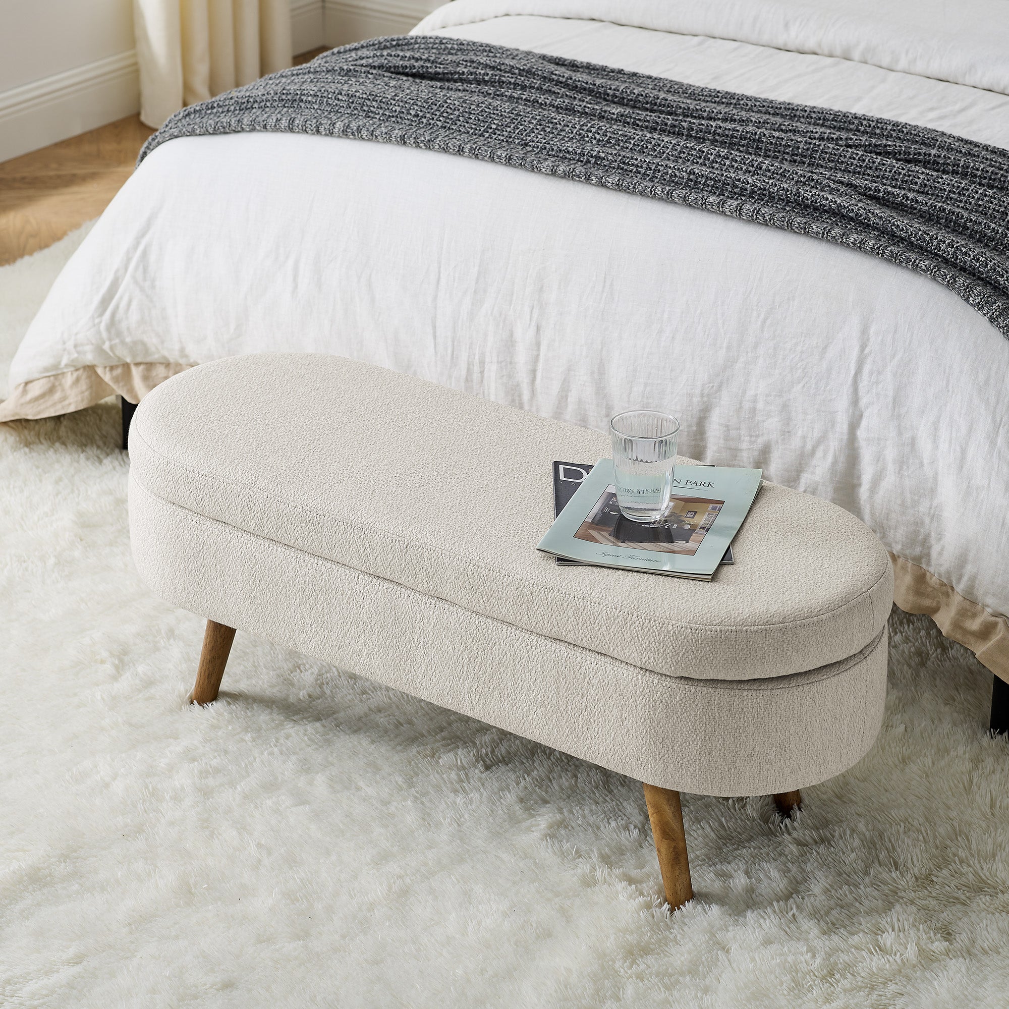 Beige Ottoman Oval Storage Bench with Rubber Wood Legs