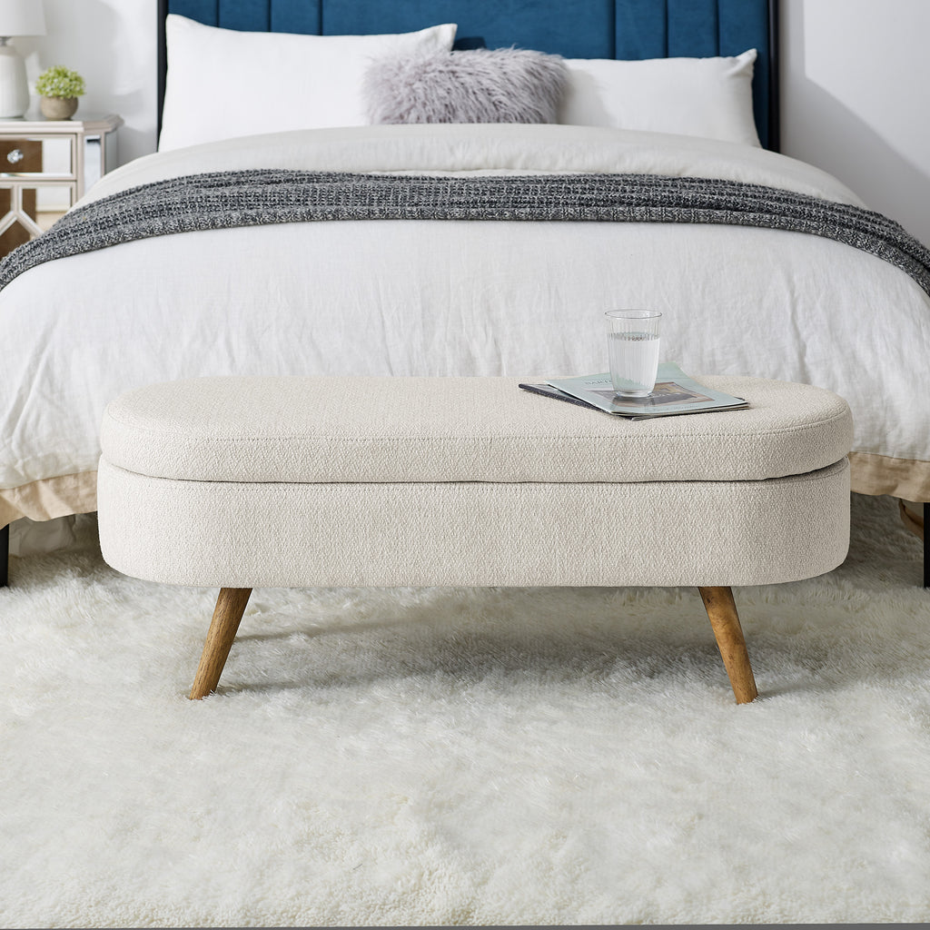 Beige Ottoman Oval Storage Bench with Rubber Wood Legs