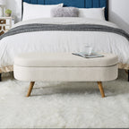 Beige Ottoman Oval Storage Bench with Rubber Wood Legs