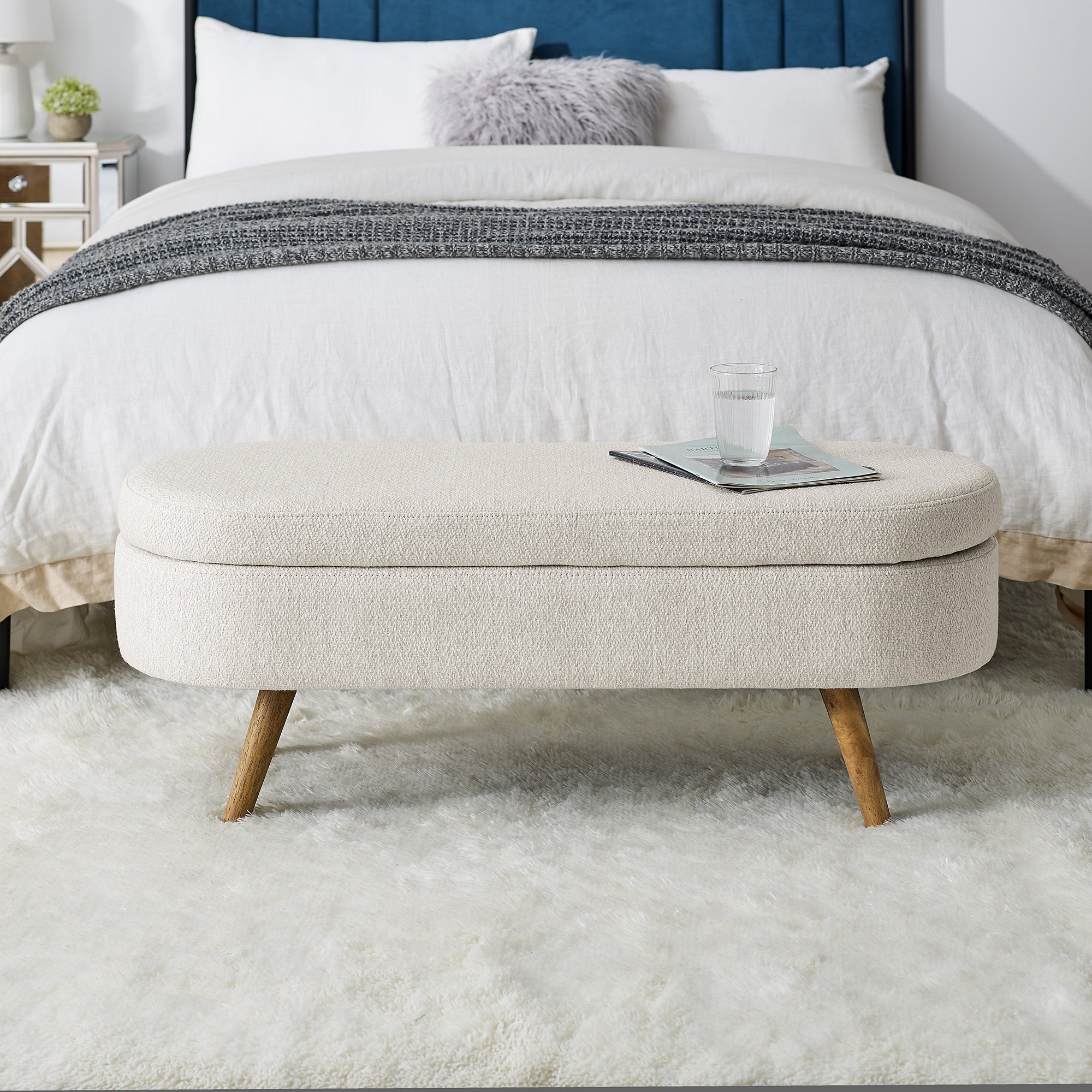 Beige Ottoman Oval Storage Bench with Rubber Wood Legs