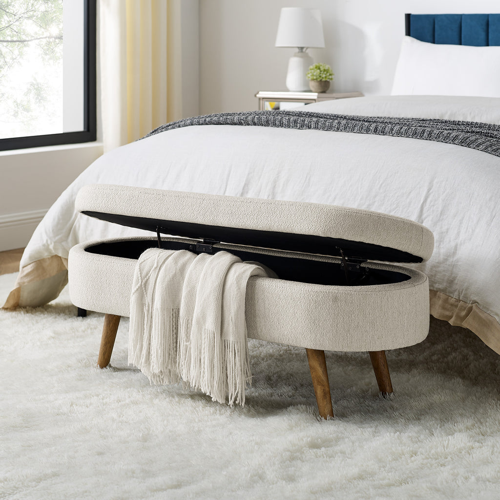Beige Ottoman Oval Storage Bench with Rubber Wood Legs