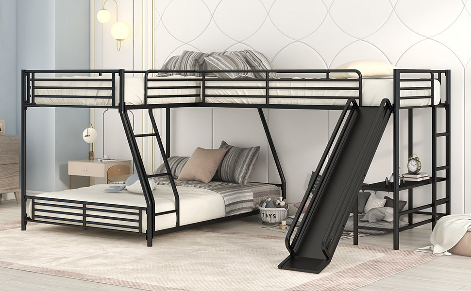 L-Shaped Twin Over Full Bunk Bed with Twin Size Loft Bed, Built-in Desk and Slide