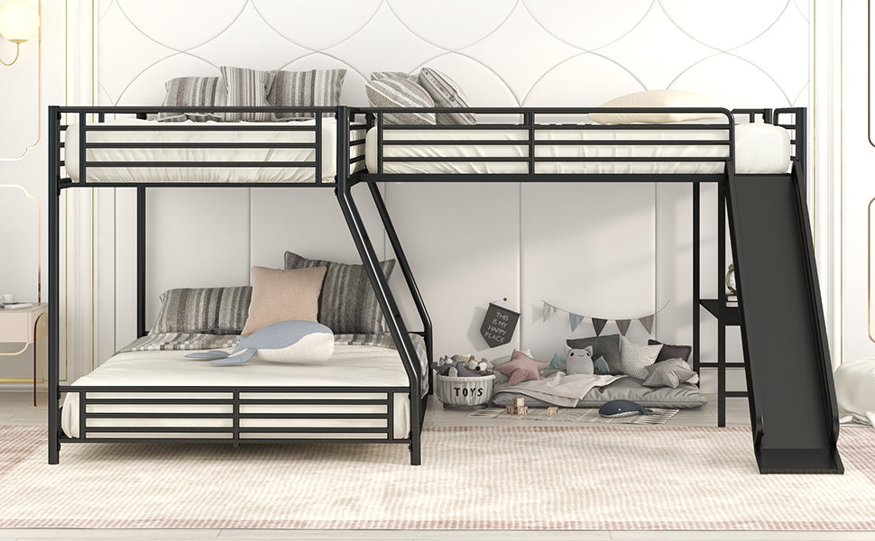 L-Shaped Twin Over Full Bunk Bed with Twin Size Loft Bed, Built-in Desk and Slide