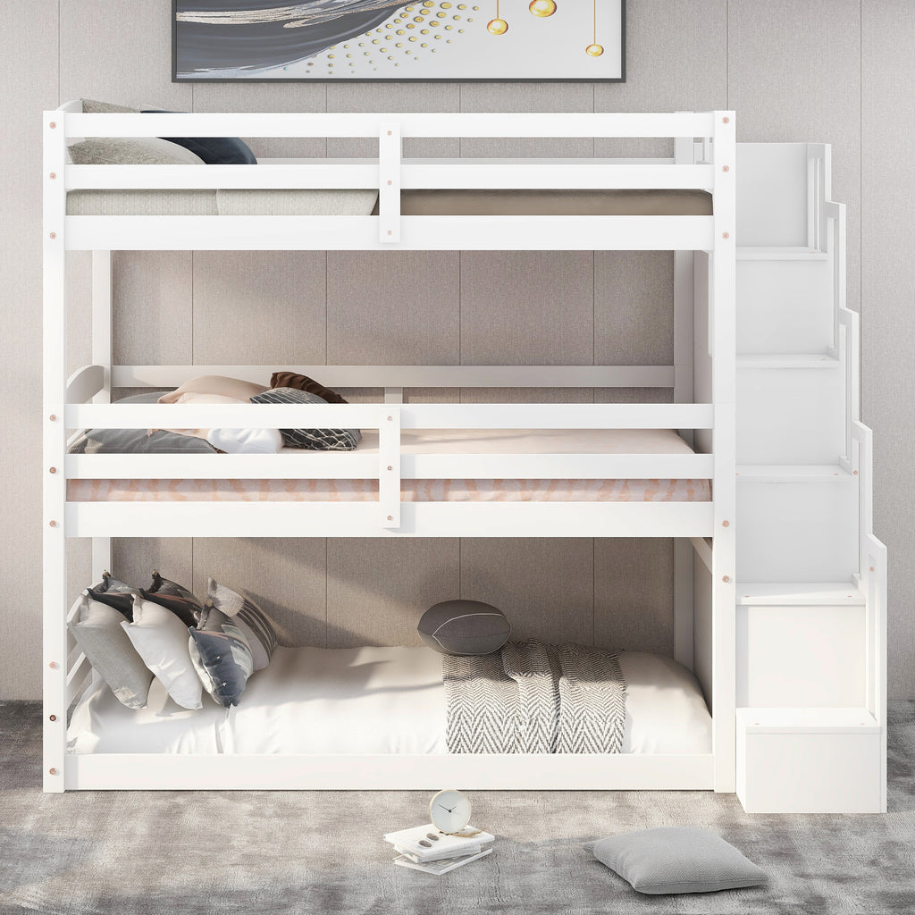 Twin Size Triple Bunk Bed with Storage Staircase
