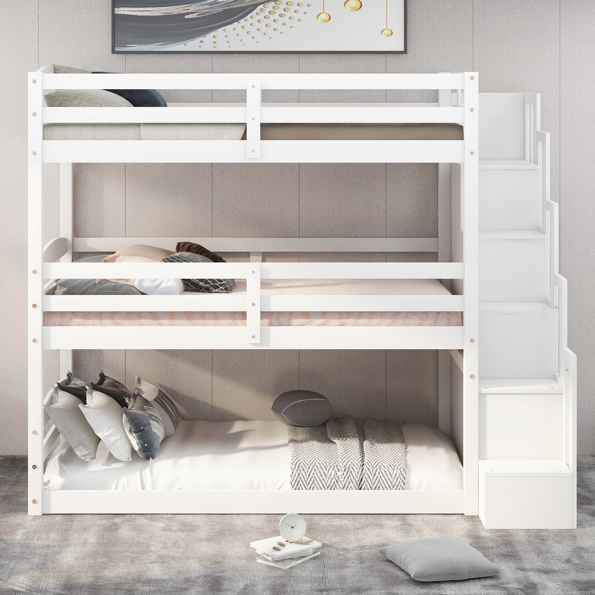 Twin Size Triple Bunk Bed with Storage Staircase